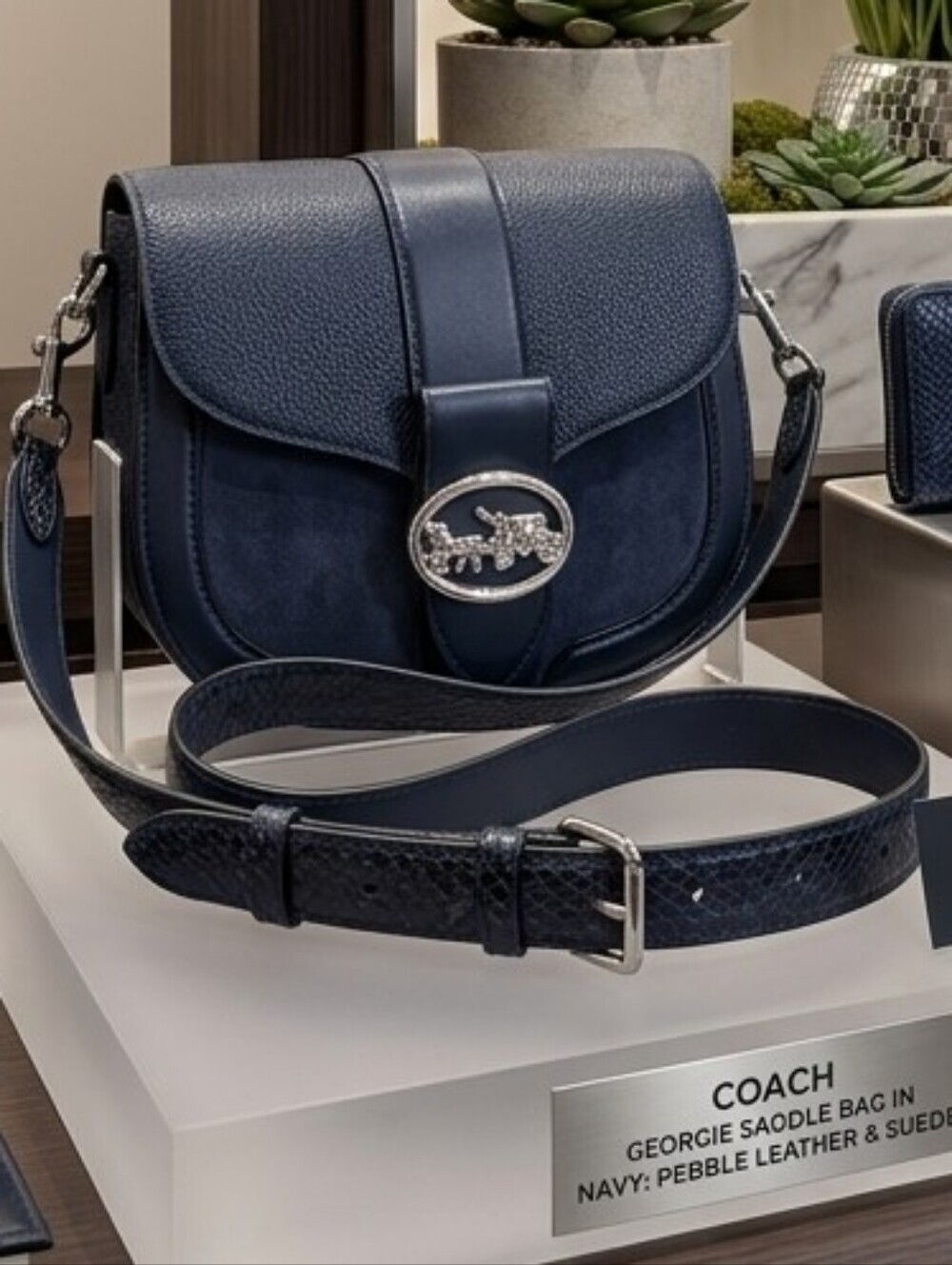 Coach Georgie Saddle Navy Blue Pebbled Leather Suede Crossbody Shoulder Bag